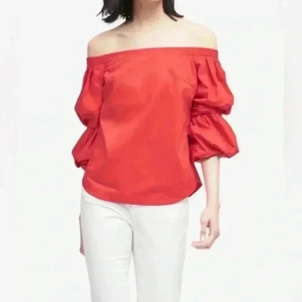 Banana Republic Off The Shoulder Balloon Sleeve Blouse Red Size Small Petite